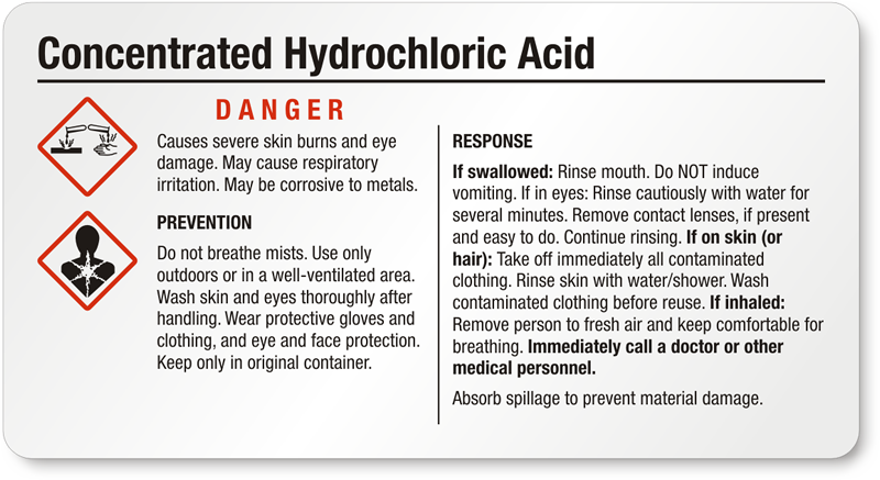 Small Concentrated Hydrochloric Acid GHS Chemical Label SKU GHS 008 C