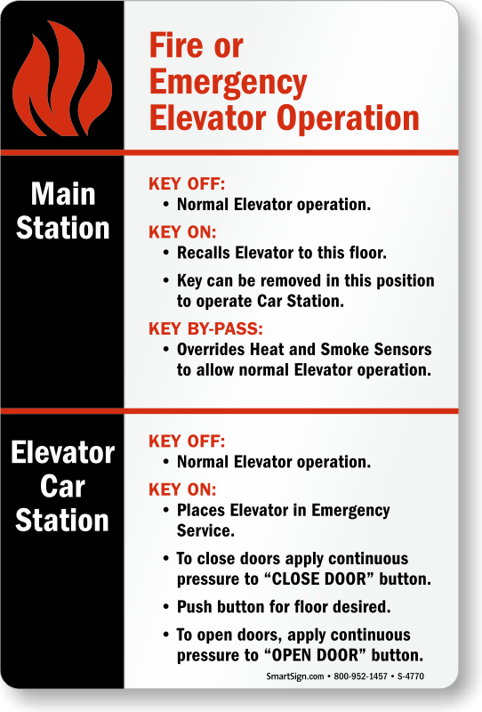 Emergency Elevator Operation Key Off, On, Bypass Sign, SKU S4770