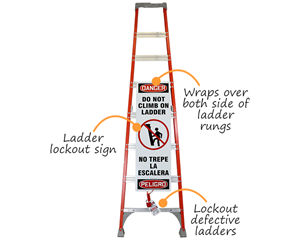 Ladder safety sign with lockout