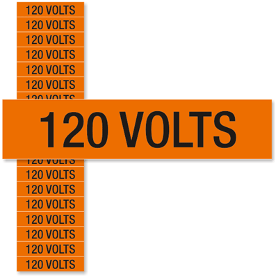 Voltage Marker Legend120 Volts Black on Orange Legend120 Volts 4-1/2 Length x 1-1/8 Height NSi Industries VM-B-3 Pressure Sensitive Vinyl 4-1/2 Length x 1-1/8 Height 