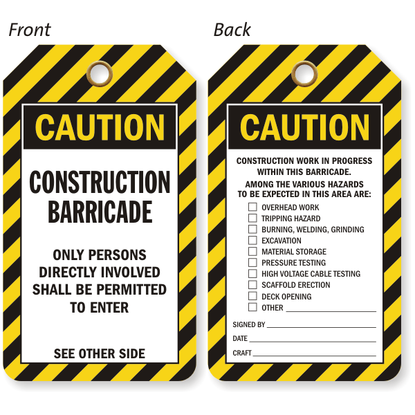OSHA Caution Construction Barricade Status Tag, SKU TG0656