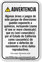 Custom Amusement Park Exposure Spanish Prop 65 Sign