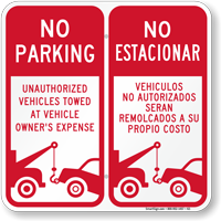 No Parking Unauthorized Towed Owners Expense Bilingual Sign