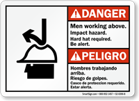 Bilingual Men Working Above Impact Hazard Sign