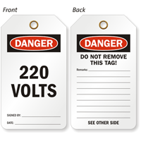 220 Volts OSHA Danger Two Sided Electrical Tag