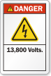 13,800 Volts ANSI Danger Label, Electric Shock Symbol