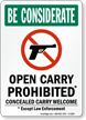 Open Carry Prohibited, Concealed Carry Welcome Sign