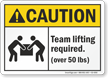 Team Lifting Required Over 50 Lbs ANSI Caution Sign