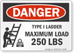 Type I Ladder Maximum Load 250 Lbs Sign
